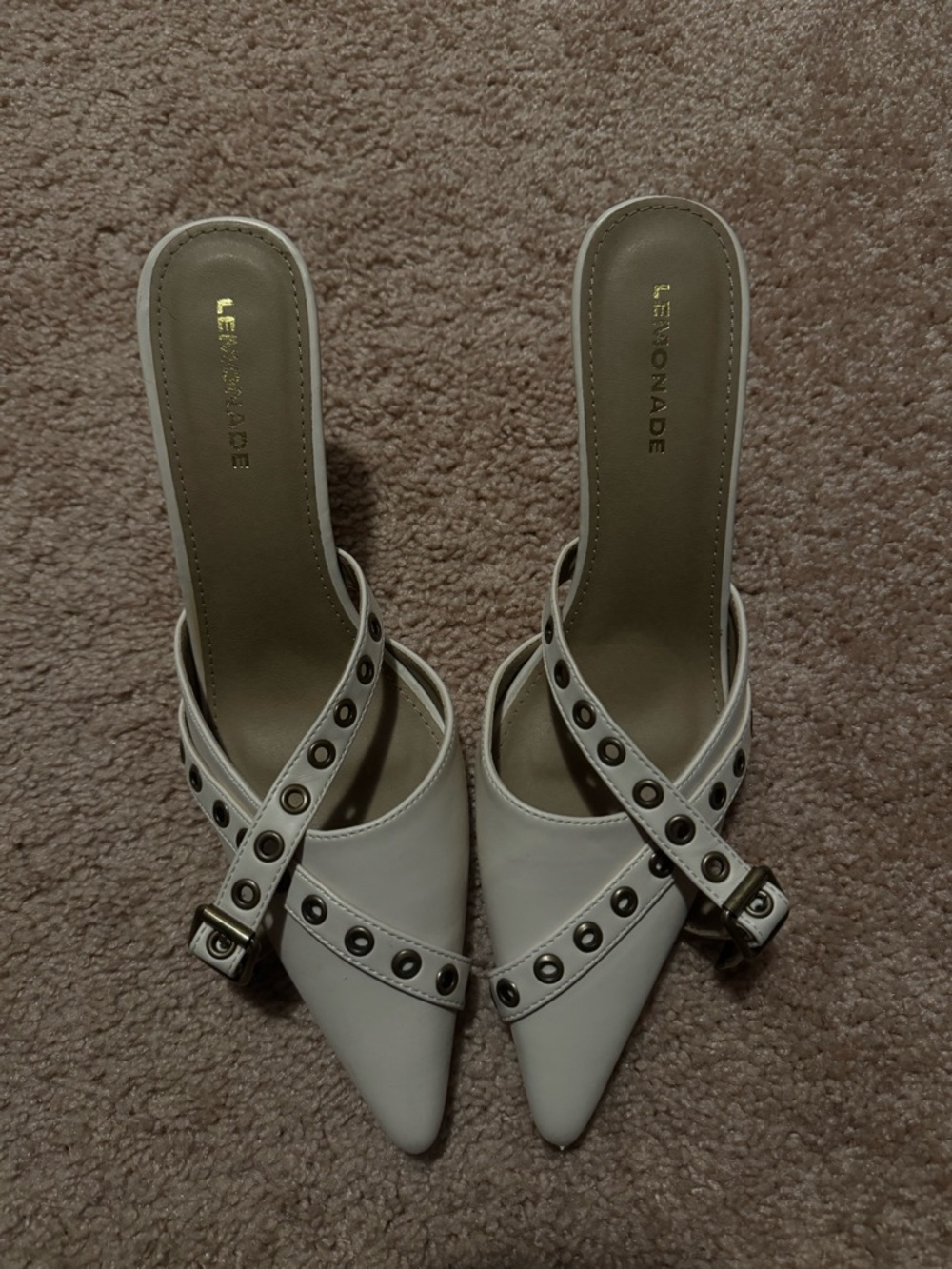 Lemonade White Pointed Toe Stud-Strap Mules